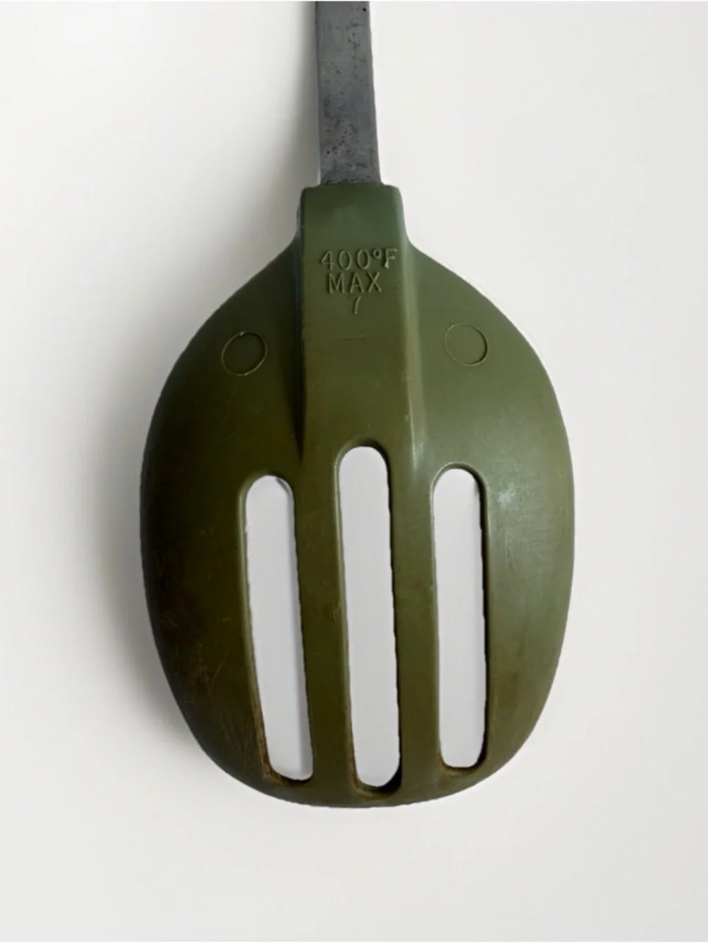 Vintage EKCO Slotted Serving Spoon Olive Green Nylon Blue Plastic Handle USA 70s